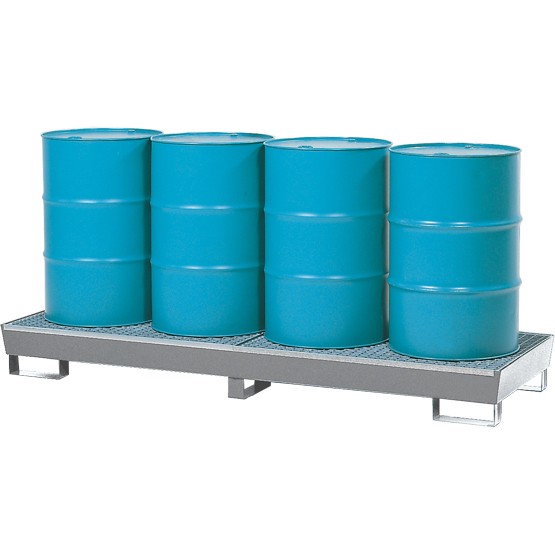 Auffangwannen verzinkt, Gitterrost verzinkt, Staplerschuhen, 4 x 200 L Fass, 815 x 2470 x 250 mm