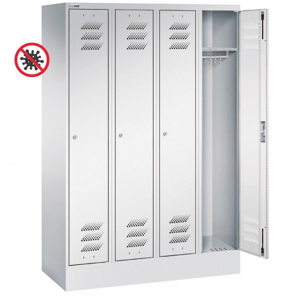 Kleiderschrank DIN 4547 mit 4 Abteilen und Sockel, antimikrobieller Beschichtung