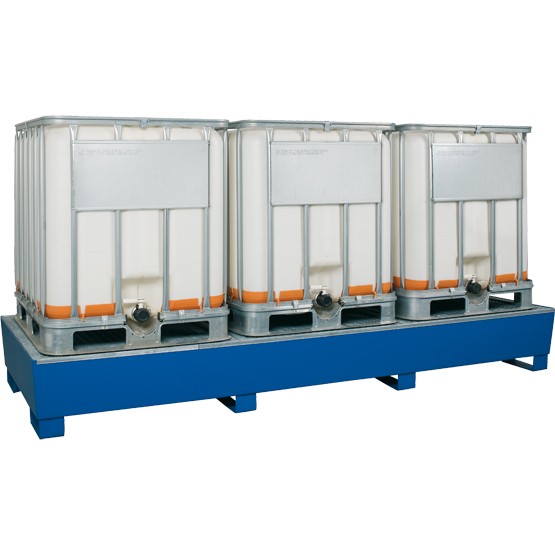 KTC/IBC-Station Stahl lackiert, Gitterrost verzinkt, Staplerschuhe, 3280 x 1300 x 420 mm, 3 IBC