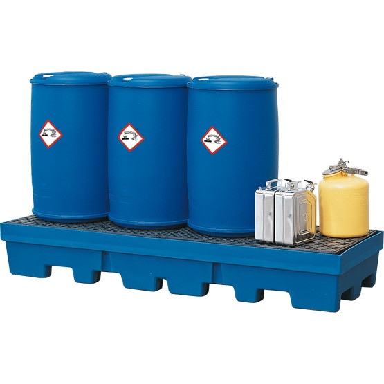 Auffangwanne PE mit Einfahrtaschen, PE-Gitterrost, 2460 x 845 x 375 mm, für 4x 200 L Fass