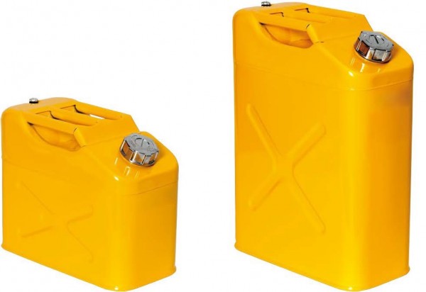Lager- und Transportkanister 20l mit Auslaufrohr, Stahlblech Sicherheitsgelb, UN-Zulassung